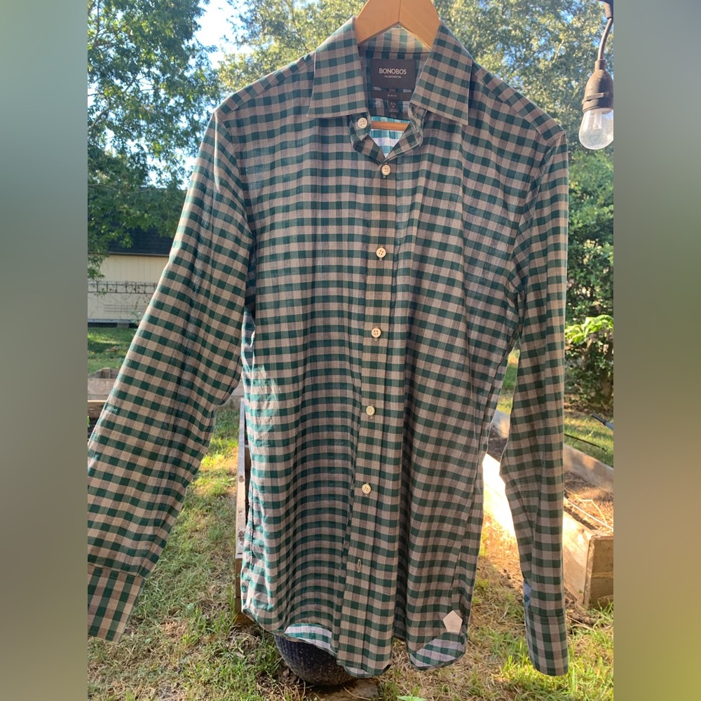 Men’s Bonobos green and gray check slim fit shirt 15 1/2 /34, 100% Cotton